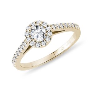 Diamantový prsten halo ze žlutého zlata KLENOTA