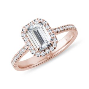 Zásnubní prsten halo emerald v růžovém zlatě KLENOTA