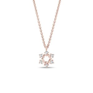 Diamantový náhrdelník vločka v růžovém 14k zlatě KLENOTA