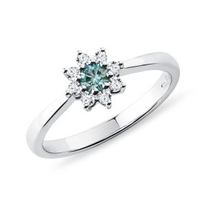 Prsten kytička z bílého zlata s modrým diamantem KLENOTA